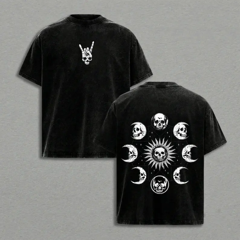 Acid‑Washed Vintage Punk‑Style T‑Shirt, Chest Rock‑On Skull And Back Sun‑Moon Occult Skull Dual‑Side Print Crew Neck Tee, Music‑Festival‑Ready Outfit, Style With Thick Skull Chain Necklace