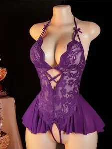 Rhinestone Open Front Seamless Lingerie, Sexy Deep V Design, Plain Surface, All-Season Wear, Unlined, 88.2g/m² Weight