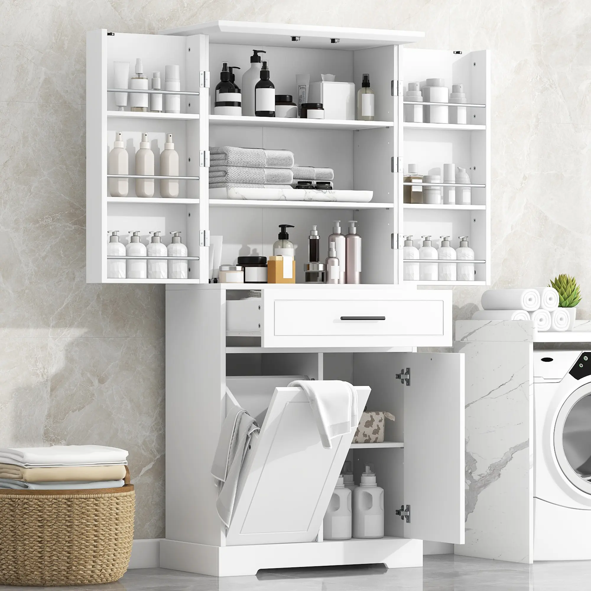 ARCH Freestanding Bathroom Floor Storage Cabinet with Doors and Drawers, Tilt-Out Laundry Hamper, Adjustable Shelf, MDF, White, 16.1" W x 31.1" D x 71.7" H, for Bathroom, Laundry Room, Bedroom, Hallway, Multipurpose Organizer, White Color Options