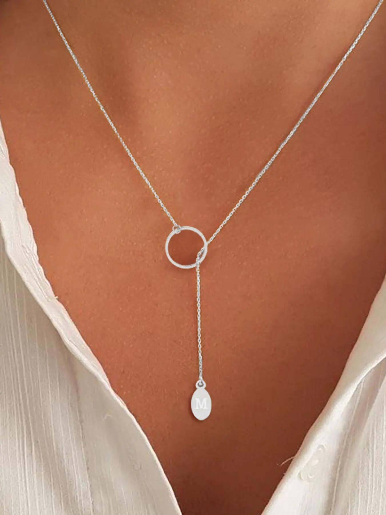 Simple Letter Pendant Necklace for Women, Necklace Initial, Round Charm Stainless Steel Jewelry for Party, Daily Clothing Decor, Trendy All-match & Exquisite Jewelry for Birthday Gift