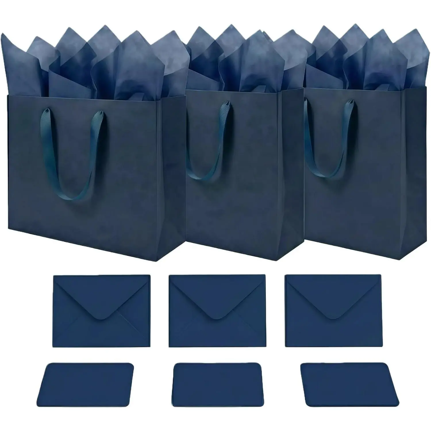 3 Sets Large  Bags with Handles, Navy Blue, 13.8×10.2×5.1 IN | Paper Bags with Tissue Papers, Card & Envelope for Birthday, Party, Wedding, Shopping,  & Bridal Shower, Presents
