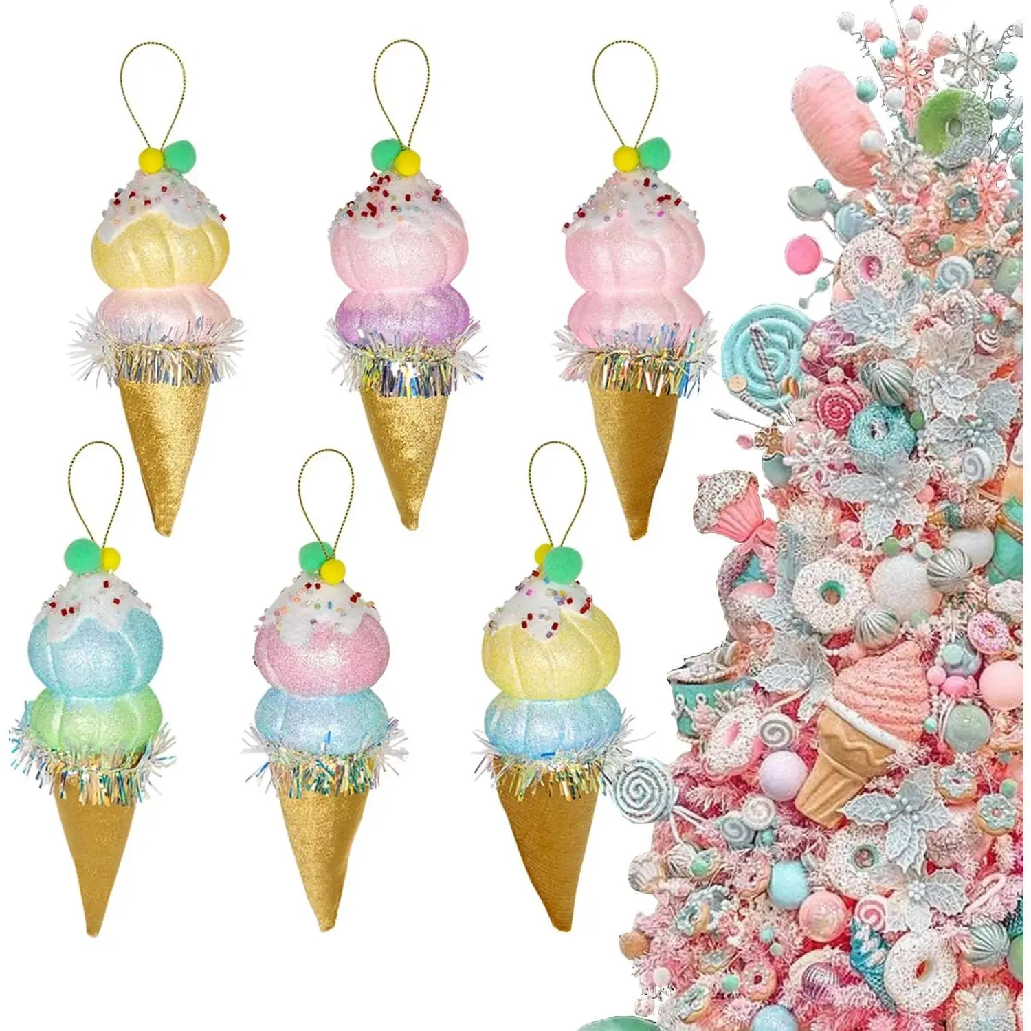 6 count 6.3inch Christmas Ice Cream Candy Land Ornaments Decoraion, Candy Cane Crafts for Xmas Tree Décor,Ideal for Xmas,  Year, Birthdays, Weddings &  Parties