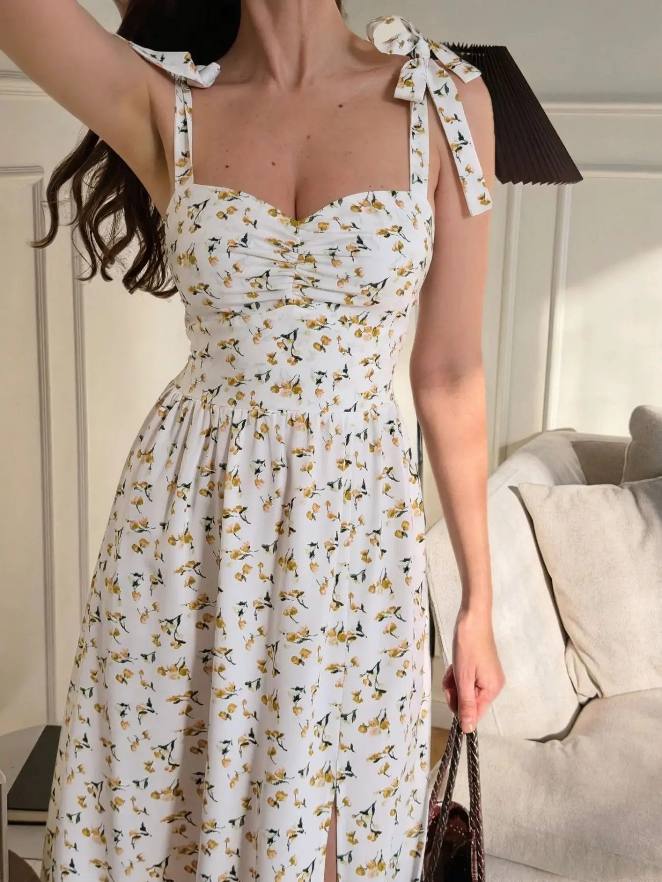 Summer French Floral Halter Dress, Tie Waist Slimming A-Line Midi Dress, Vacation Style, Comfortable, Chic and Stylish Design
