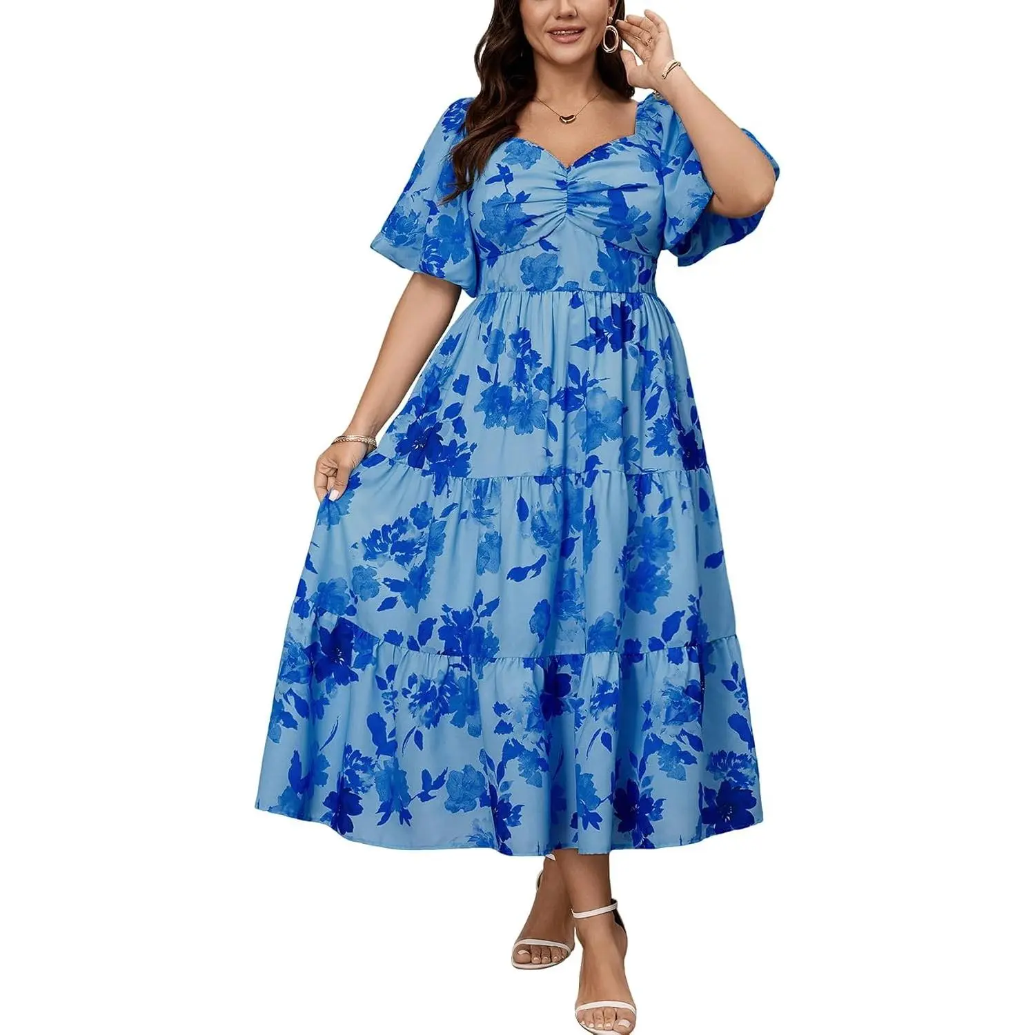 Womens Plus Size Dresses Wedding Guest Puffy Short Sleeve Sweetheart Smocked Tiered Flowy A Line Maxi Dress