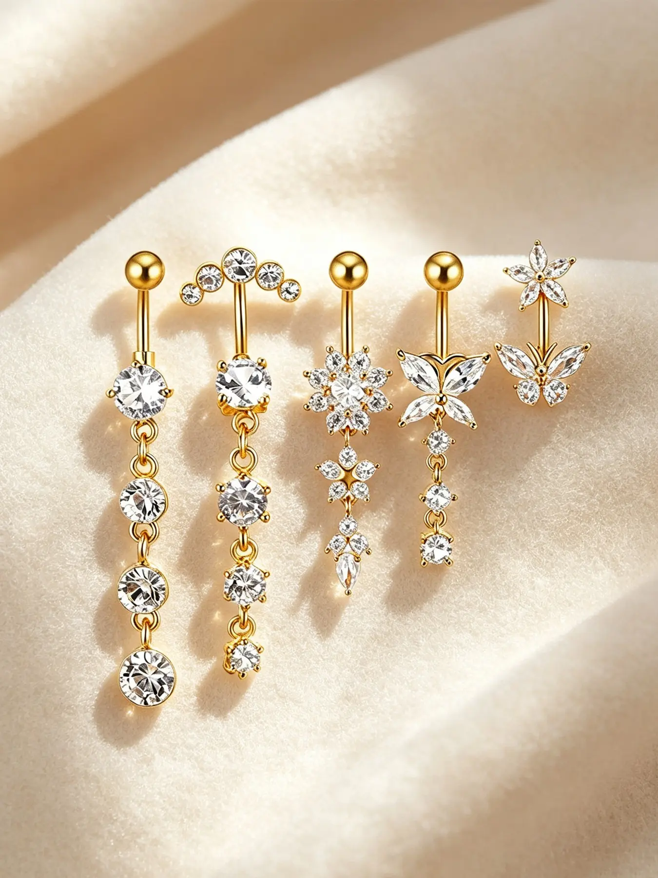 5Pcs Stainless Steel Belly Button Rings Set, Shiny Cubic Zirconia Flower Butterfly Dangle Navel Piercing Jewelry,Hypoallergenic Screw Back Body Piercings for Women Summer Beach
