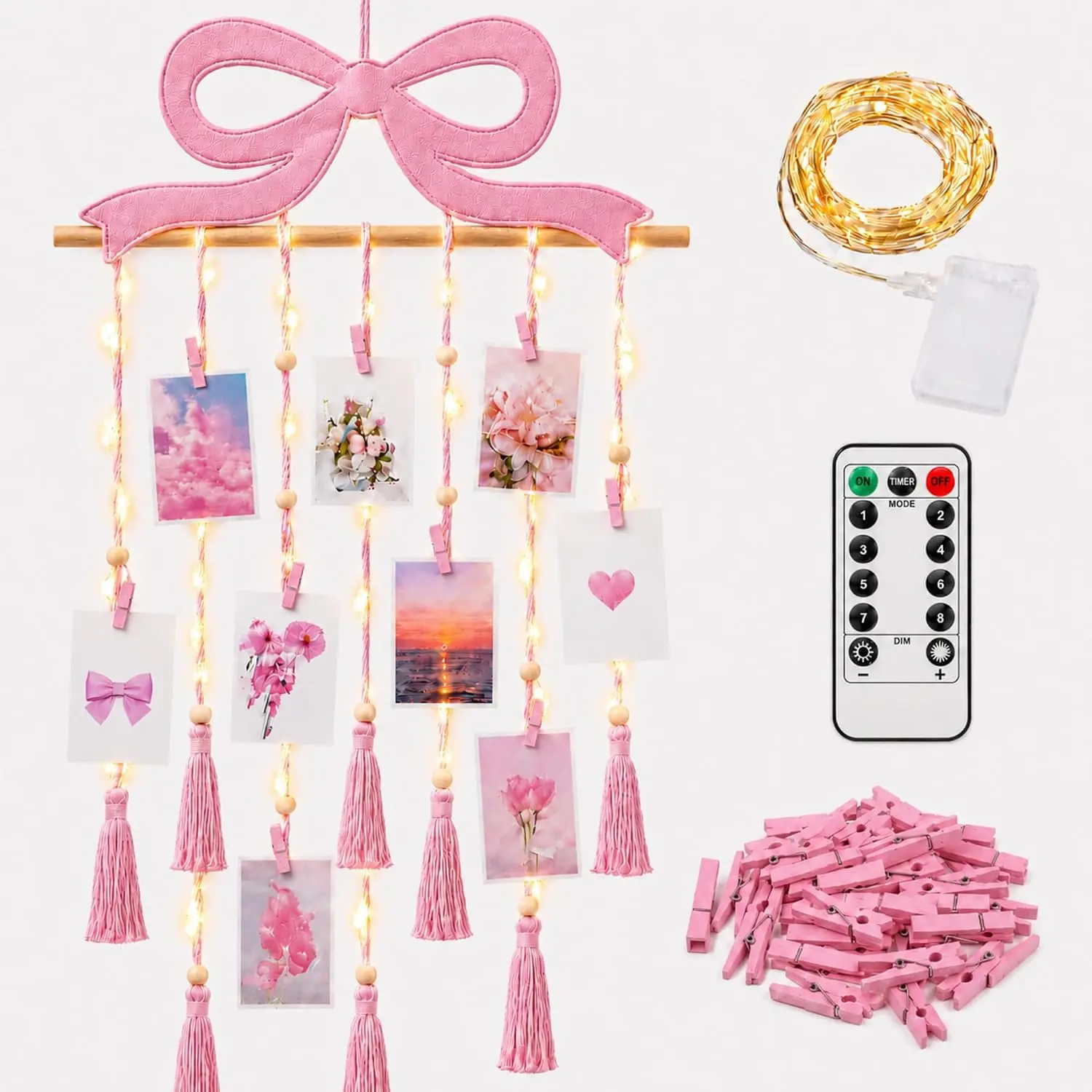 Pink Bow Macrame Hanging Photo Display Wall Decor Pink Coquette Picture Holder with LED String Light & 30 Clips for Teenage Girls Bow Room Decor Bedroom Wedding Coquette Party
