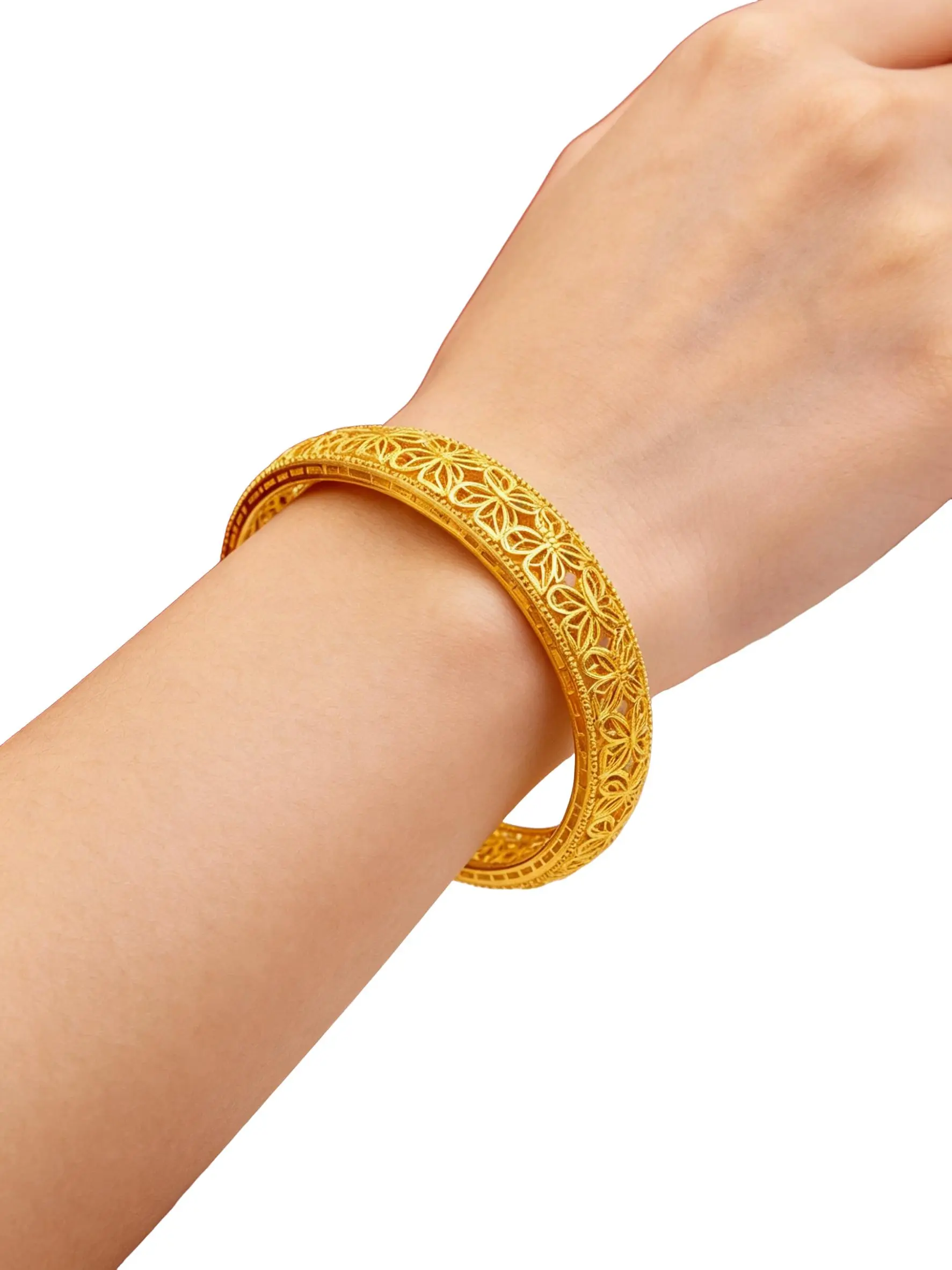 Luxury 24k Bangle Bracelet, Vintage Floral Hollow Carved Exquisite Cuff, Boho Style, Non-Fading Wedding & Party Jewelry Gift for Women