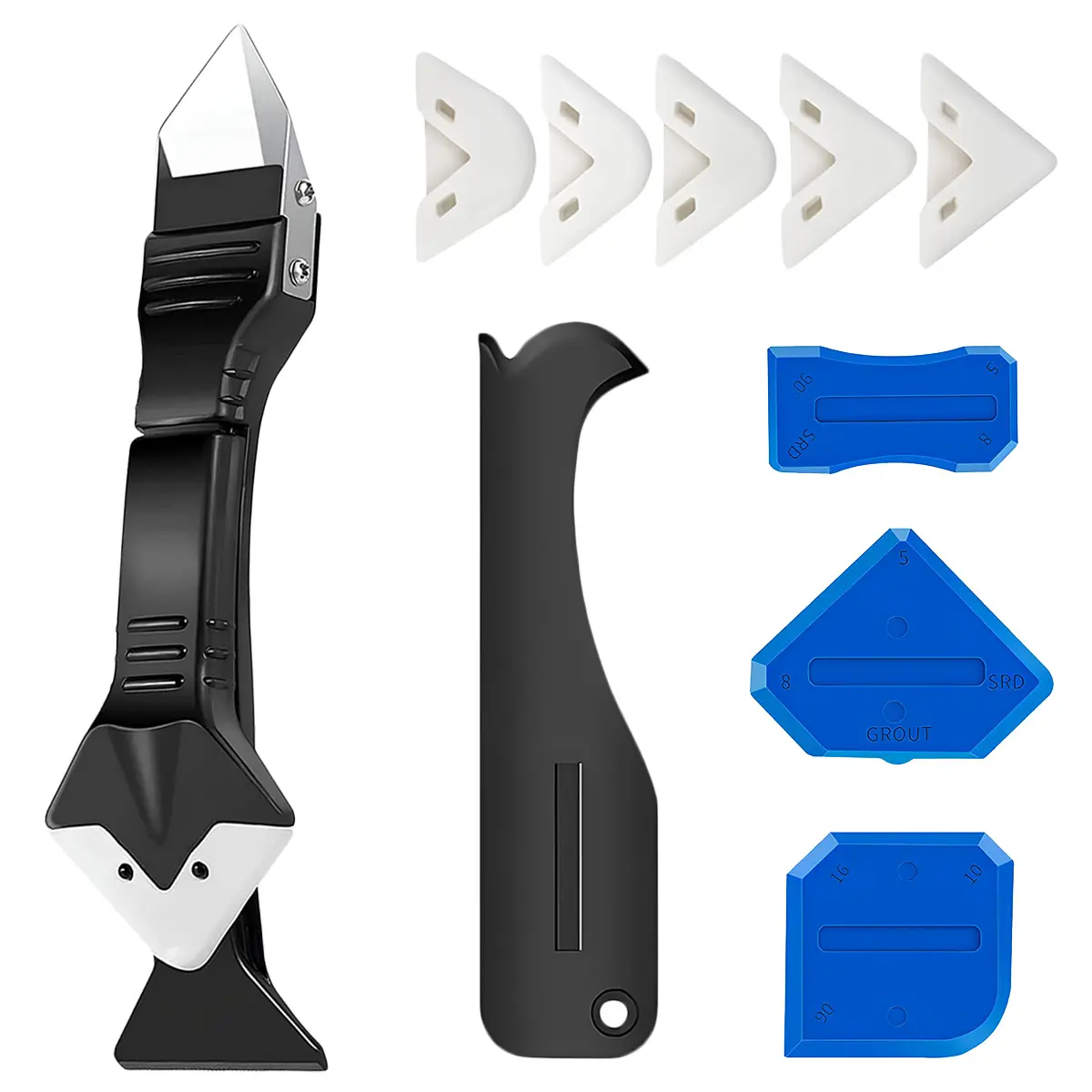 Silicone Caulking Tool Kit, 9PCS Caulk Remover & Grout Removal Tool, with 4pc Glass Glue Angle Scraper for Bathroom, Kitchen, Window, Sink and Tile Seams