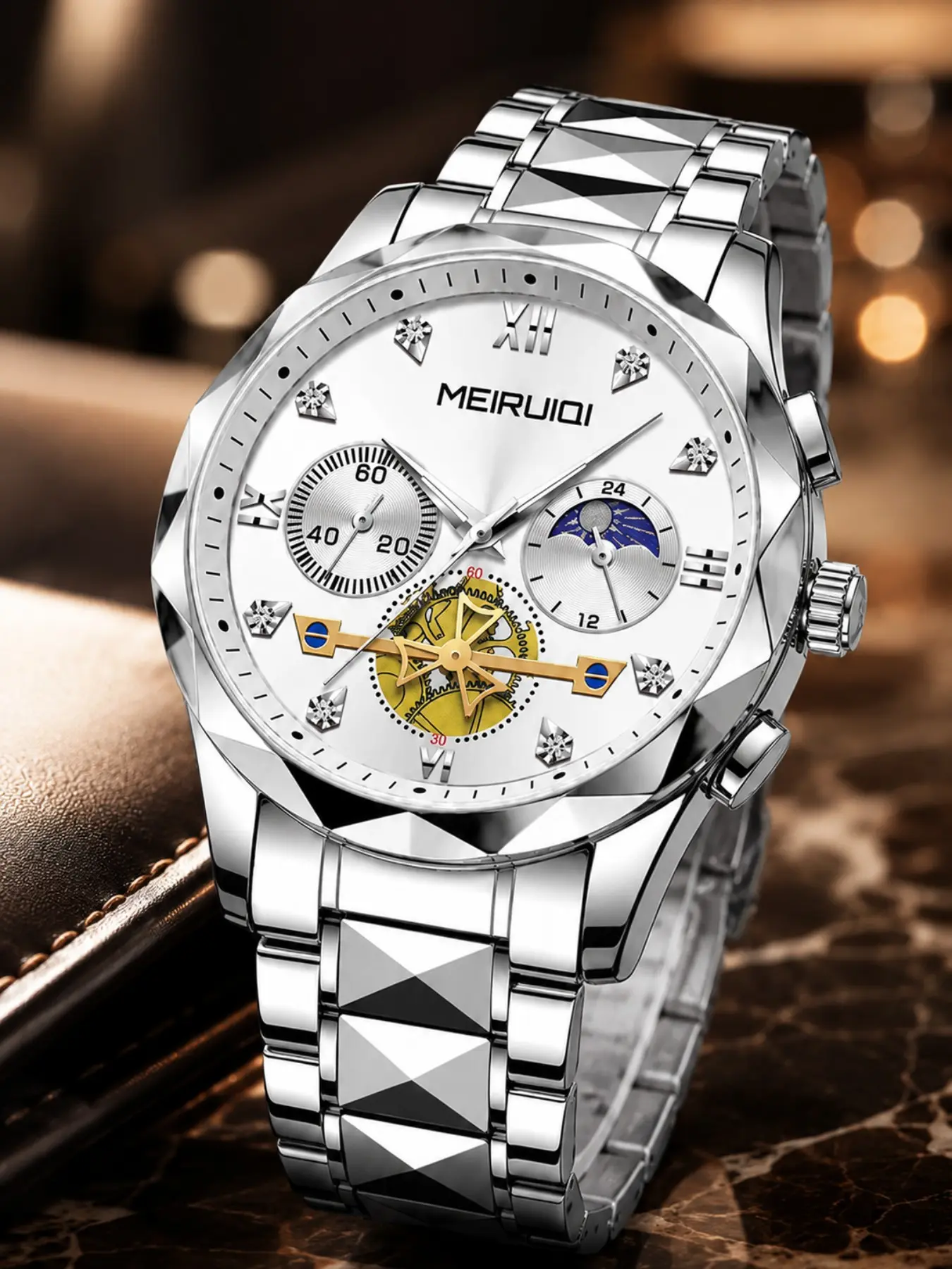Trendy Multi-Faceted Moon Phase Men's Steel Band Watch, Analog Quartz Watches, Retro Modern Style, Quartz Movement, Waterproof, Casual All-Season Wear