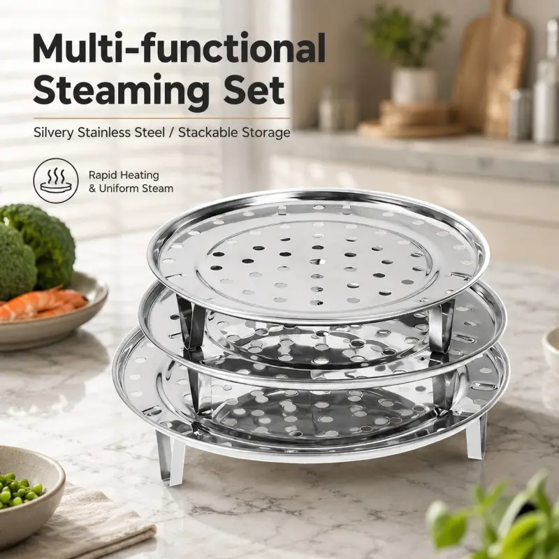 3-Pack Stainless Steel Steamer Basket Set, Collapsible Stackable Multipurpose Steamer for Instant Pot & Pans, Expandable Steamer Insert with Foldable Feet Space-Saving Kitchen Gadget for Cooking Vegetables Seafood Dumplings