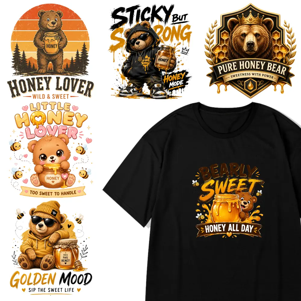 6 Pcs Honey Bear Iron on Transfers Easy to heat press decals Iron On Transfer Patches Iron on Decals for T Shirts casual style. DTF Transfers Ready iron on decals