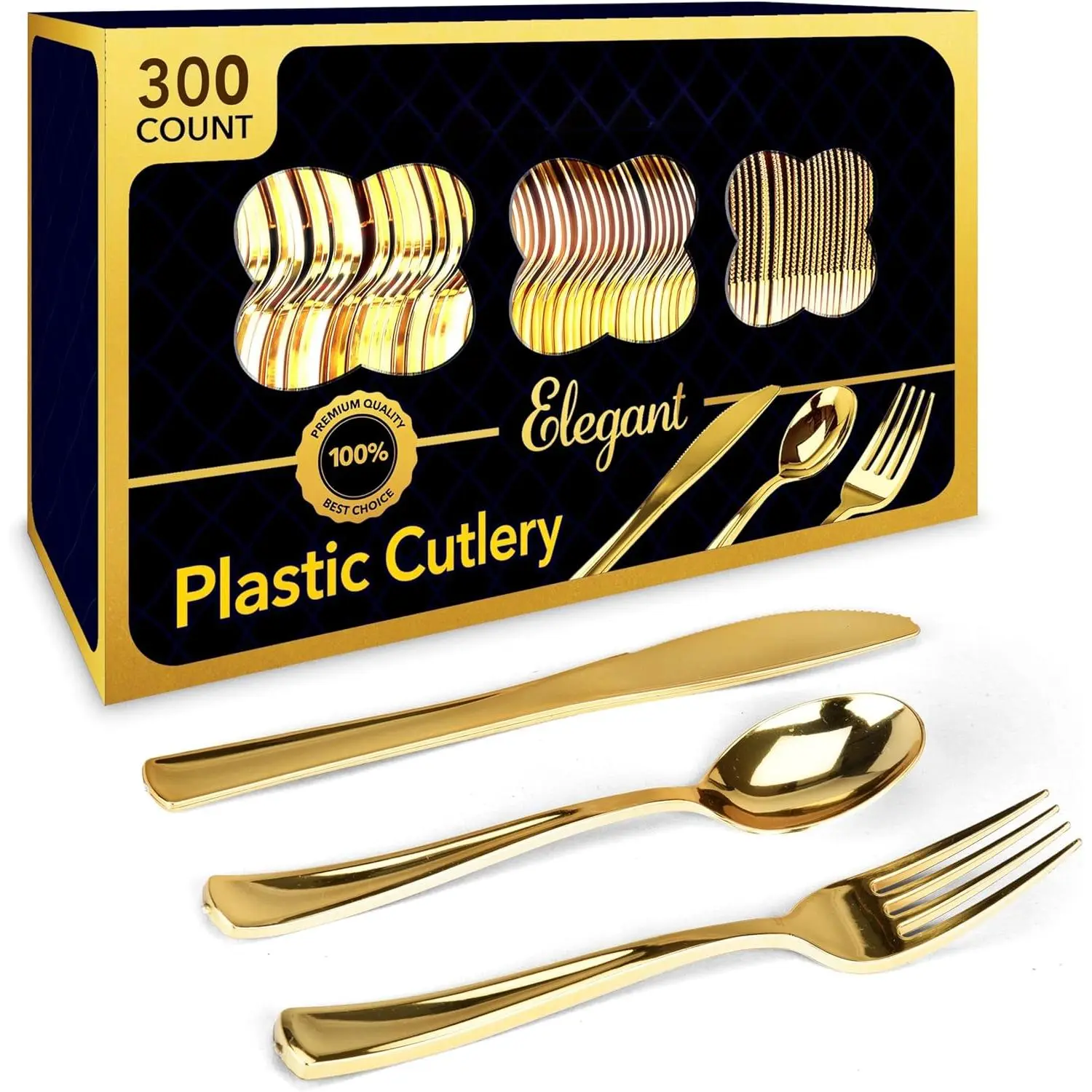 Gold Plastic Silverware Set (300-Pack) – Disposable Heavy Duty Cutlery, 100 Forks, 100 Knives, 100 Spoons for Parties, Weddings, Dinners & Holidays, Stock Your Home