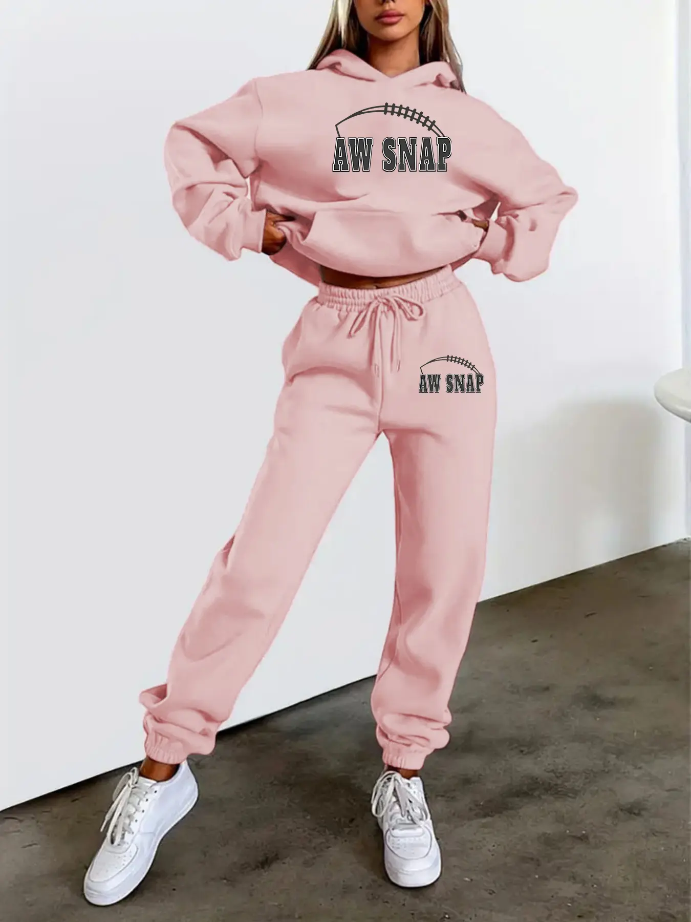 Women's Fall Winter Casual Fitted Set, Geometric Print Hooded Pullover, Olive Letter Pattern, Daily Wear & Home Leisure
