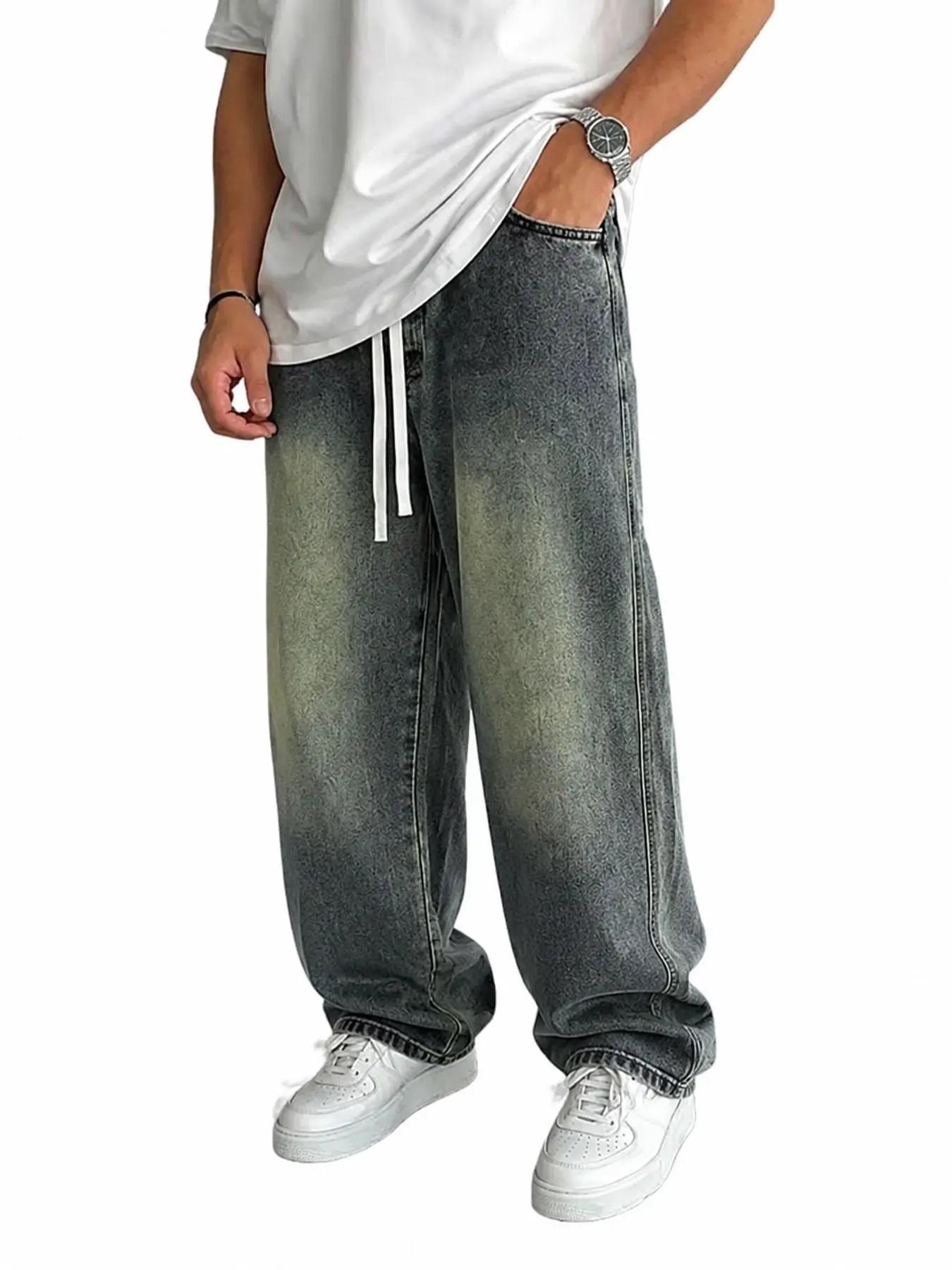 Men’s Charcoal Gray Washed Jacquard Jeans with Drawstring Waist, Baggy Wide Leg Casual Streetwear Denim Pants