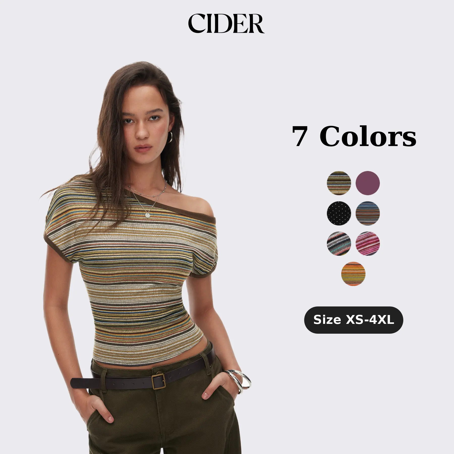 Cider Striped Asymmetrical Neck Short Sleeve Top Casual Womenswear Vintage Style
