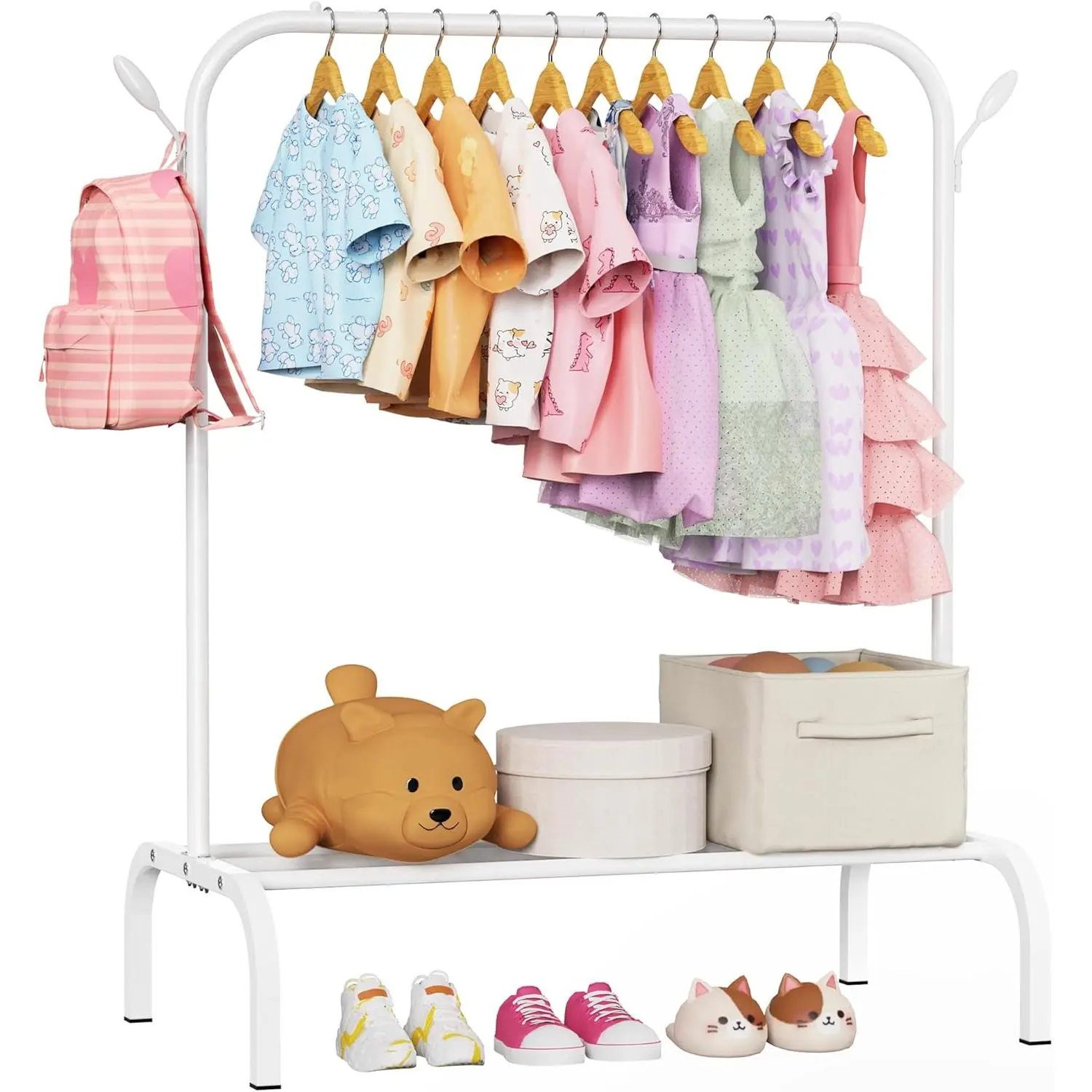 Upgraded Kids Clothing Rack - Dress Up Clothes Rack Baby Toddler Montessori Wardrobe- Small Portable Garment Racks with Storage Shelf and Hooks - for Costumes, Princess Dresses & Shoes, White