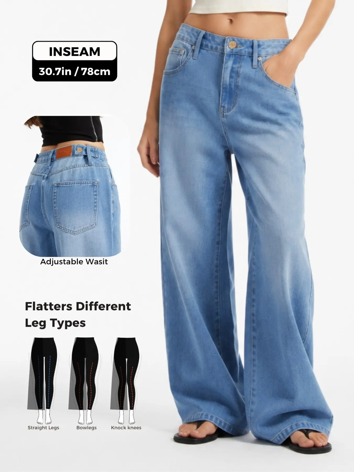 Wanduyini Adjustable Waist Straight Leg Jeans for Women Y2K Baggy Jeans with Snap-Button Mid Rise Denim Pants