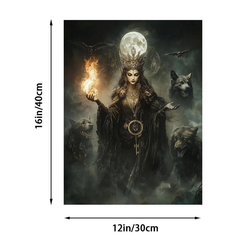 Goddess Hecate Fine Art Print,  Witchcraft Vintage Oil Painting, Frameless Gothic Fantasy Wall Art with Hellhound & Raven, Home Decor Canvas Painting Ornaments Decoration