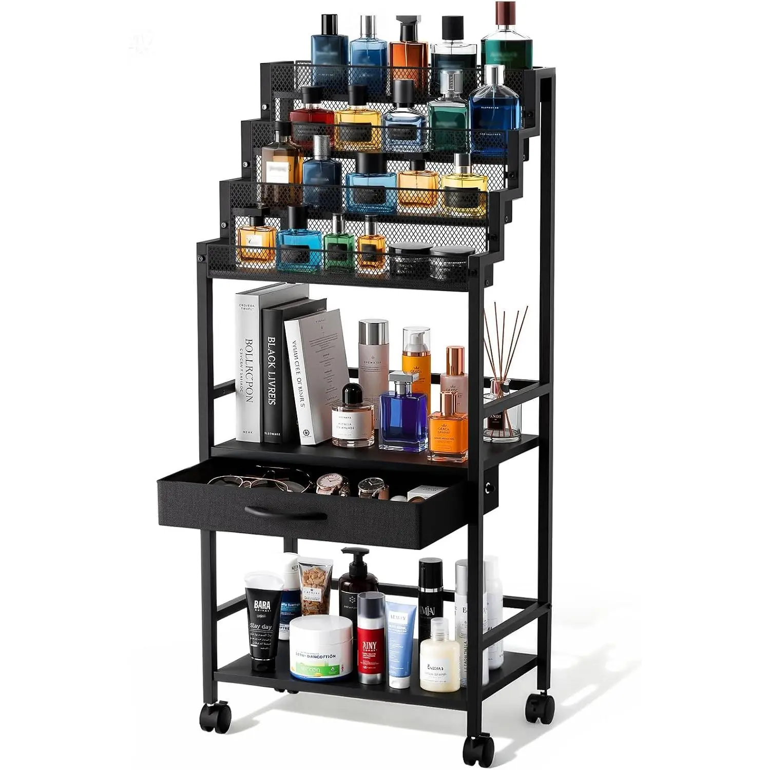 4-Tier Men's Cologne & Accessory Organizer with Drawer & Wheels, Sleek Industrial Wooden & Metal Perfume Display Rack for Cologne Bottles, Aftershave & Grooming Essentials, Multi-Functional Fragrance Storage Stand, Black