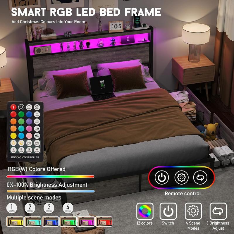Queen Size Bed Frame with 4 Storage Drawers and Headboard with Charging Station and LED Lights,2 Tier Solid Wood Headboard Storage/Noise Free/No Box Spring Needed/Remote Control/Rustic Grey