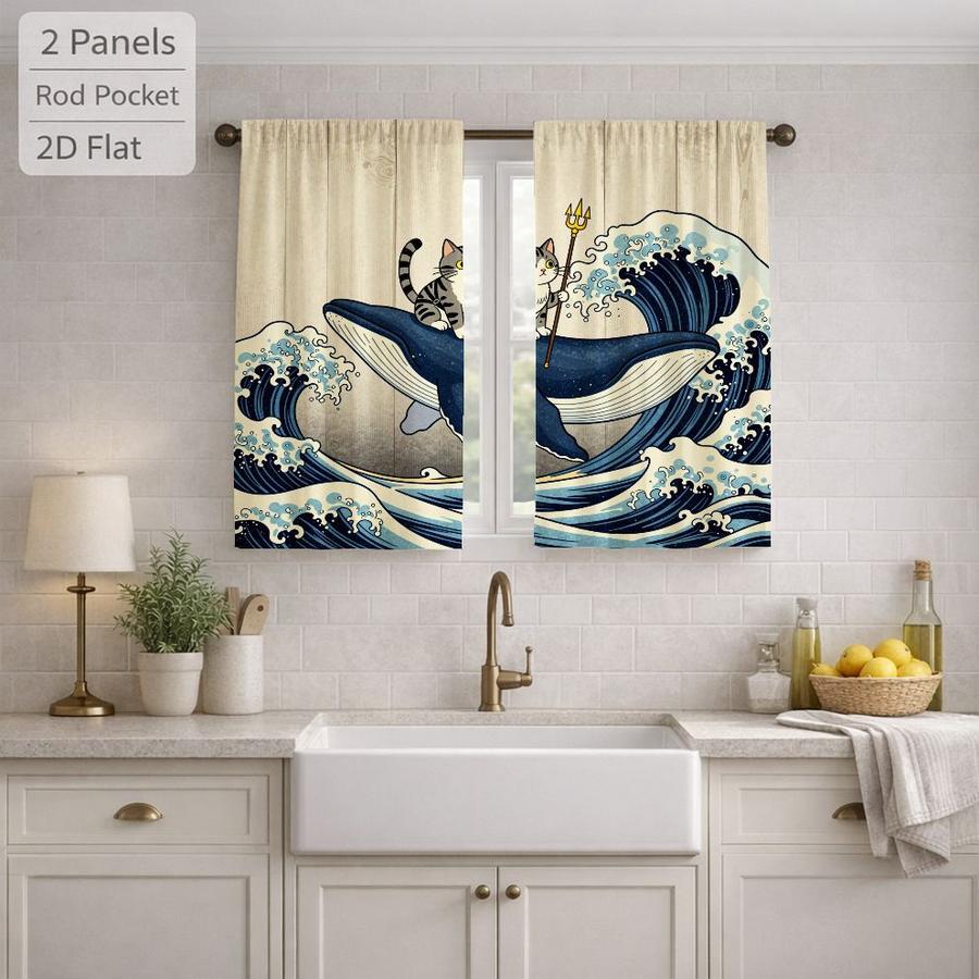 2Pcs Japanese Style Cat Whale Wave Pattern Sun Blocking Curtains Digital Printed Rod Pocket for Bedroom Office Kitchen Living Room Study Home Decor Soft Light Filter Easy Installation