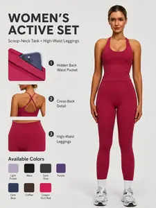 Women's 2 Piece Workout Set, Padded Halter Neck Tank Top, High Waisted Leggings, Hidden Back Pocket, Yoga Gym Running, All Seasons, Sportswear Set, Gym Sets, Fitness Outfits, Yoga Activewear, Gym Workout Clothes