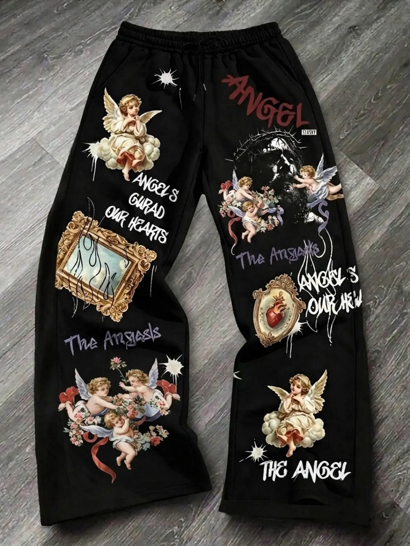 American Street Style Wide Leg Sweatpants, Vintage Angel Patchwork Print, Gothic Font & Graffiti, Comfortable Drawstring Waist, Bottoms