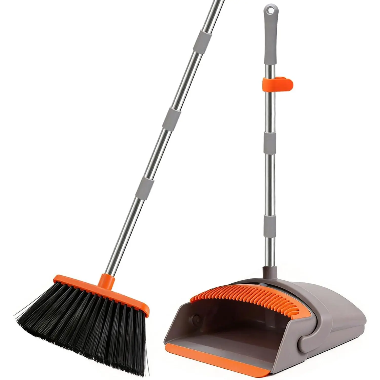Broom and Standing Dustpan Set with Long 52-Inch Handle, Self-Cleaning Teeth, Angled Stiff Bristles, Rubber Lip for Pet Hair and Indoor or Outdoor Use