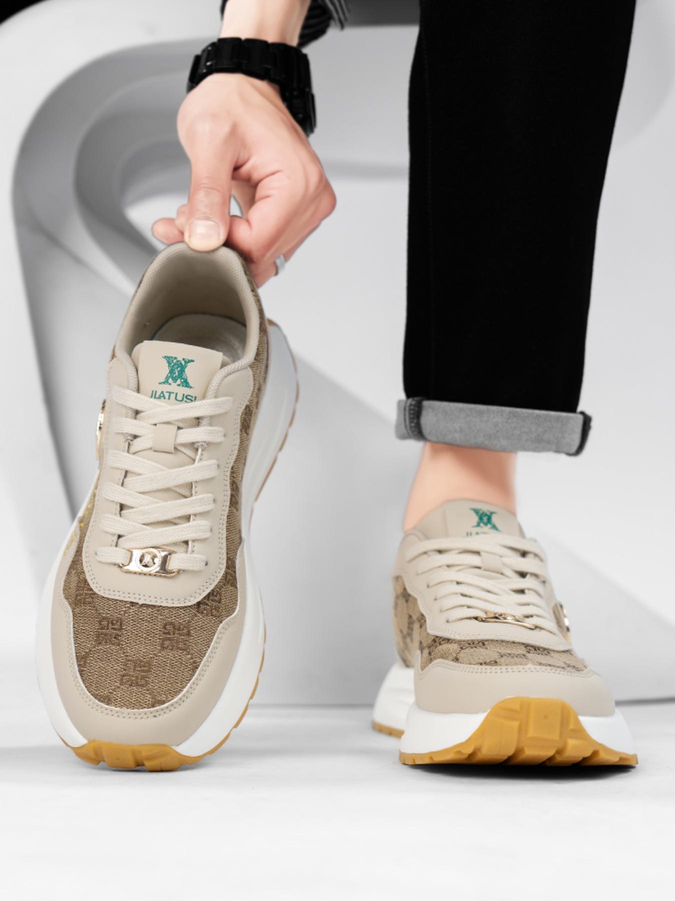 Men's Khaki Luxury-Inspired Chunky Sneakers, Gold Emblem Accents, Retro Monogram Design, Thick Cushioned Sole, Streetwear Casual Shoes for American Trendsetters