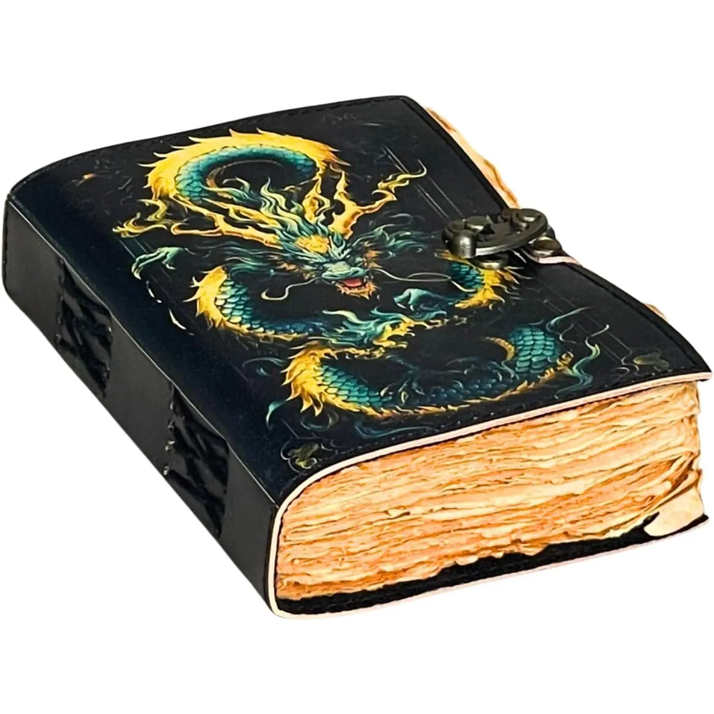 The Arcane Dragon – Hmade Antique Deckle  Paper Leather Journal with Embossed Dragon Cover & Lock Closure –  Writing Diary, Fantasy Spell Book, Sketchbook,  for Writers & ists