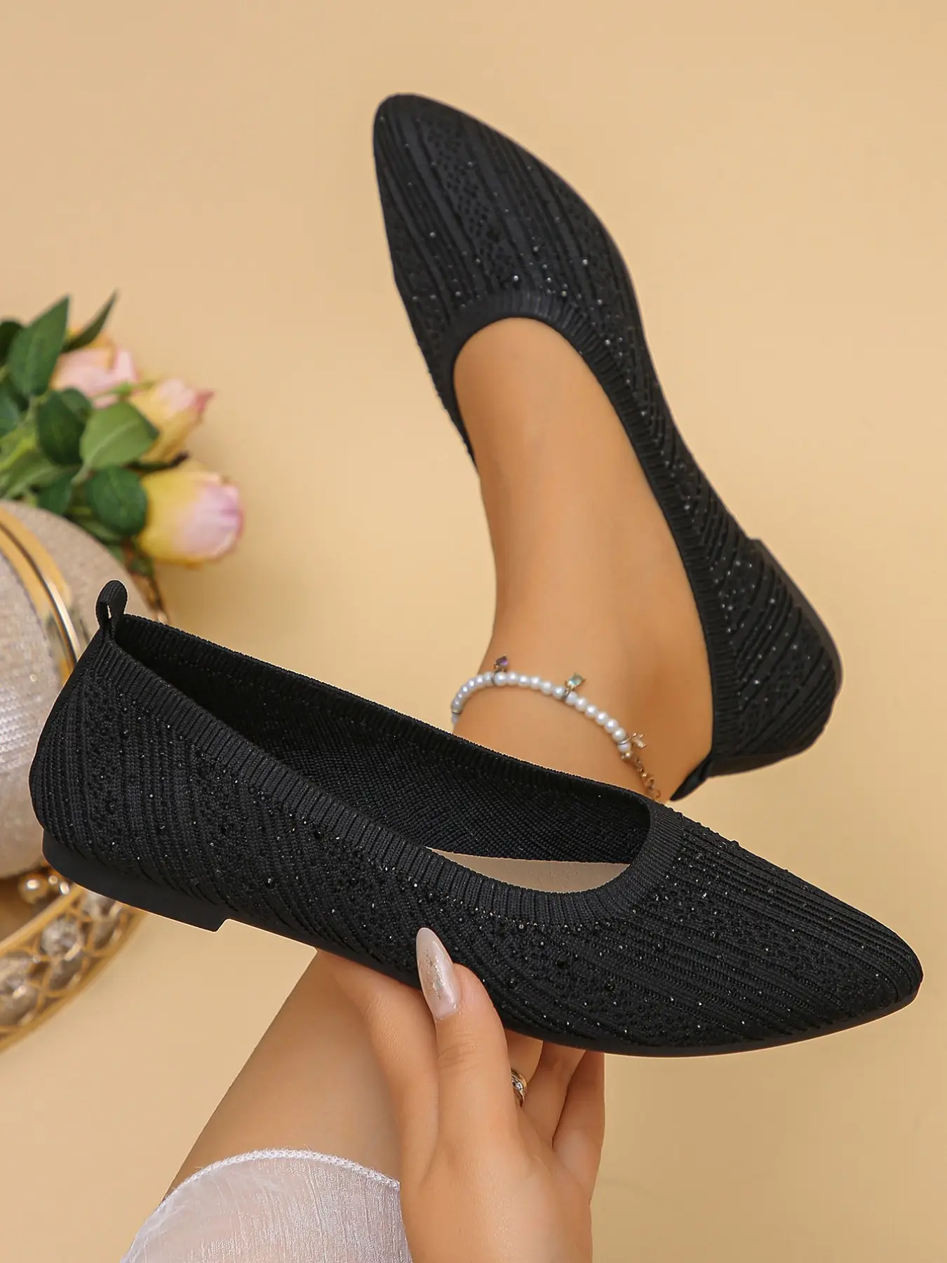 Women's Rhinestone Knit Slip-On Ballet Flat Shoes, Pointed Toe Lightweight Formal Shoes, Anti-Slip Sole, Ideal for Daily Wear, Office, Weddings, Shopping