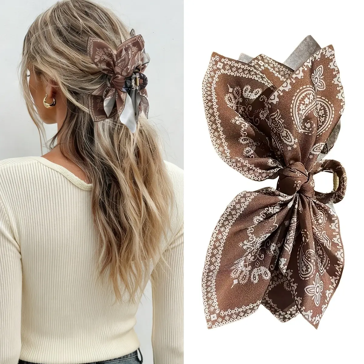 1pc women's brown paisley cute bow hair claw, Bohemian style, large hair clip, women's hair accessory, suitable for everyday casual wear and vacation outings, Boho