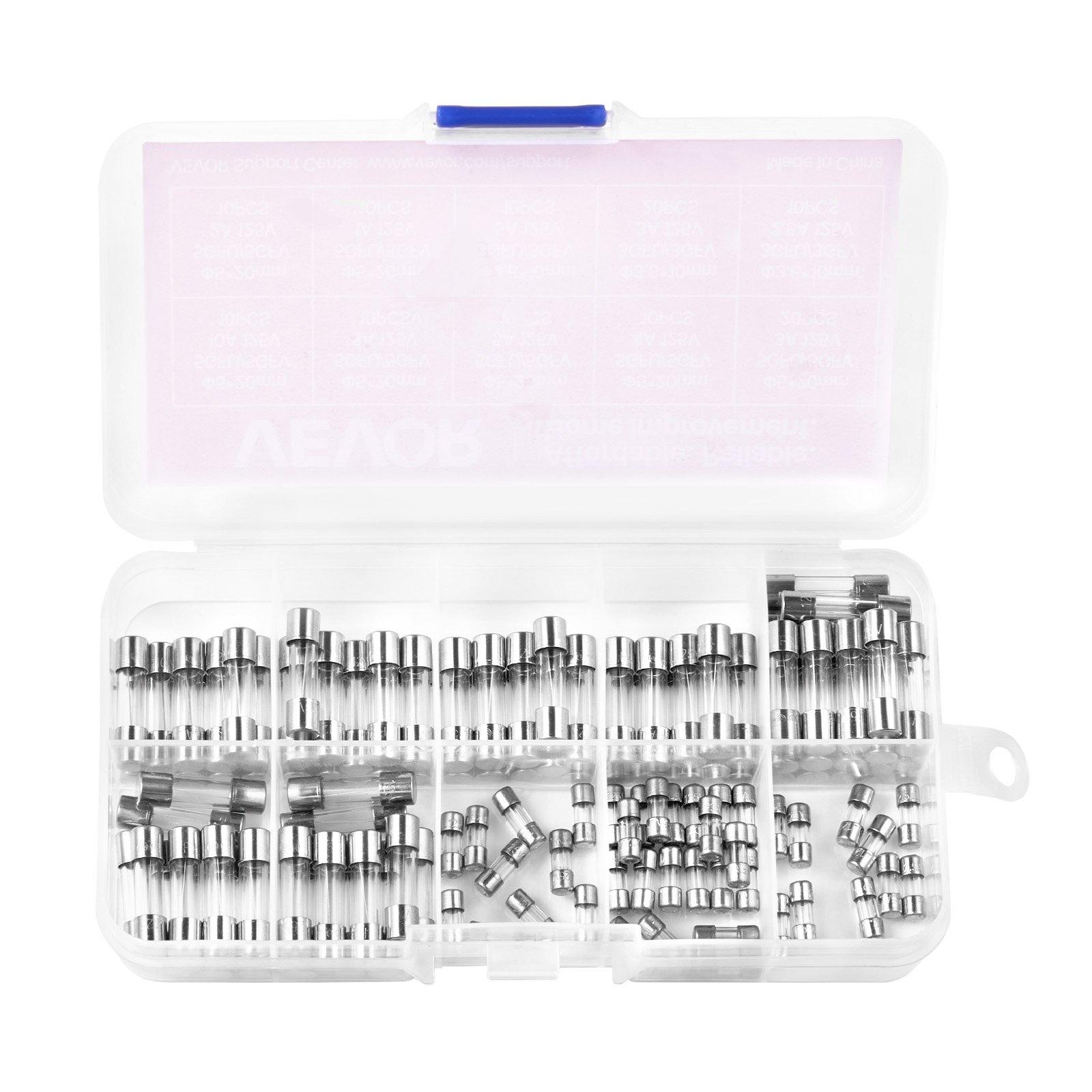 VEVOR Fast-Blow Glass Fuses Assortment Kit, 120 Pcs 125 Volt, 5 x 20 mm 1A 2A 3A 4A 5A 8A 10A, 3.6 x 10 mm 2.5A 3A 5A Tube Fuses, Suitable for Electrical Boxes, LED Strips, Electronics, Appliances