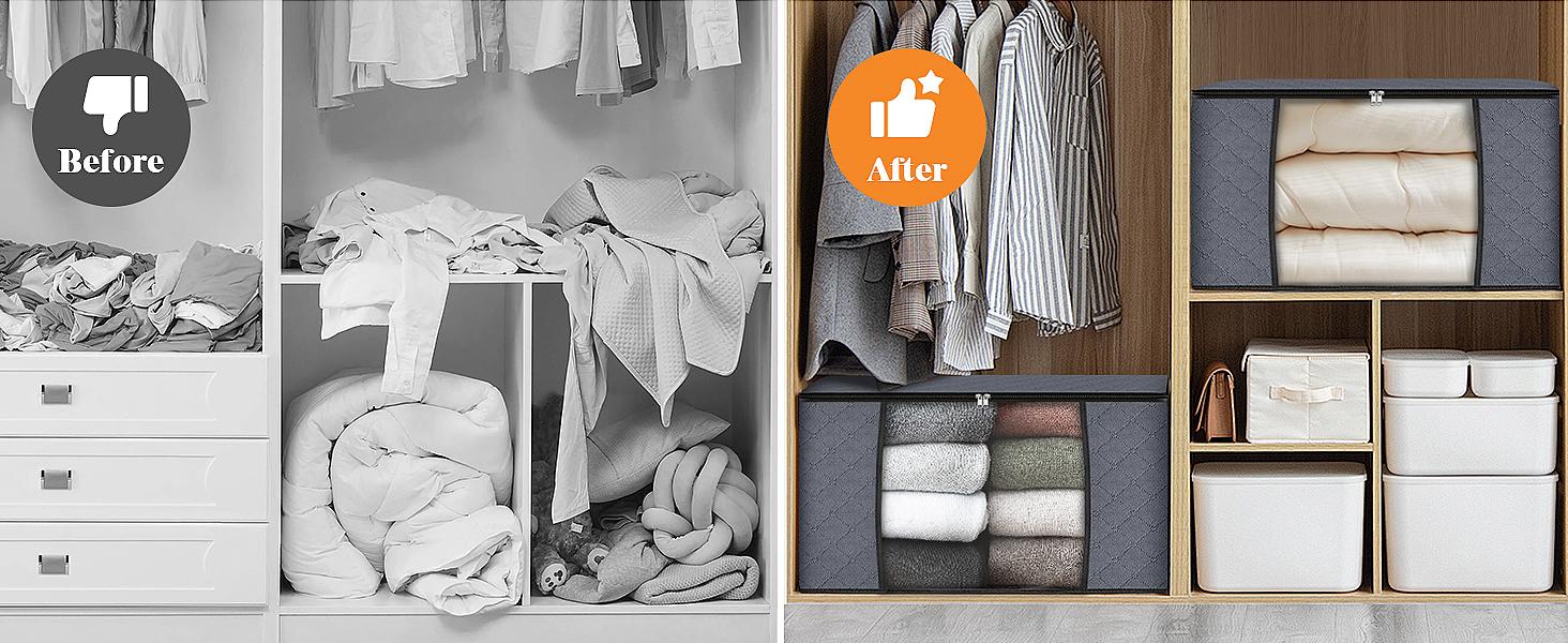 24 Gallons Clothes Storage, Foldable Thick ric Blanket Storage Bags, Containers for Organizing Bedroom, Closet, Clothing, Comforter, Organization with Handle (3 Pack,Grey)