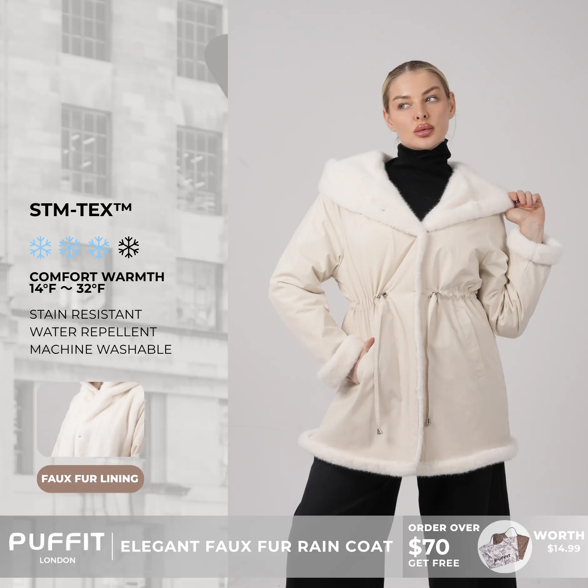 PUFFIT STM-TEX Faux Fur Lining Mid Length Rain Coat,Adjustable Waist Design,Oversized Eco-Friendly Fleece Hood,Offering Warmth, Comfort, And An Elegant, Premium Feel,Beauty And Warmth For Both Style