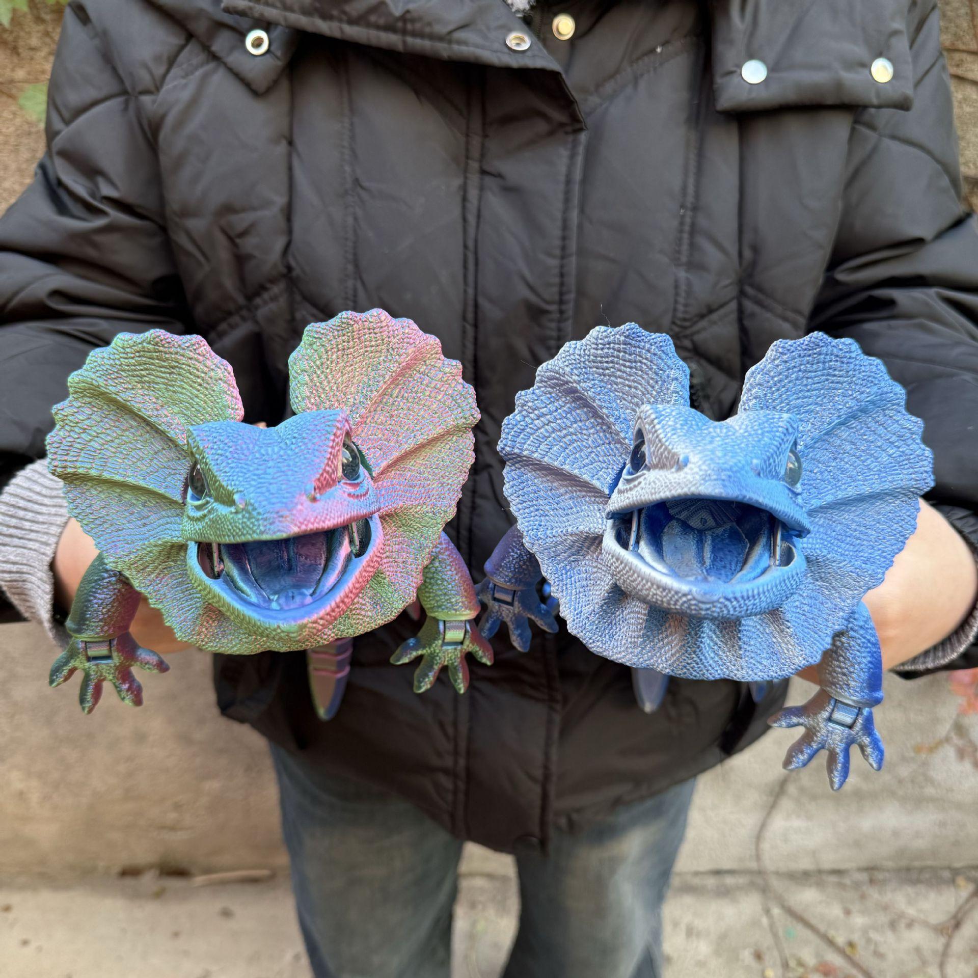 3D Printed Frilled Lizard Toy Articulated Full Body Movable Joints Animal Figurine Birthday Gift