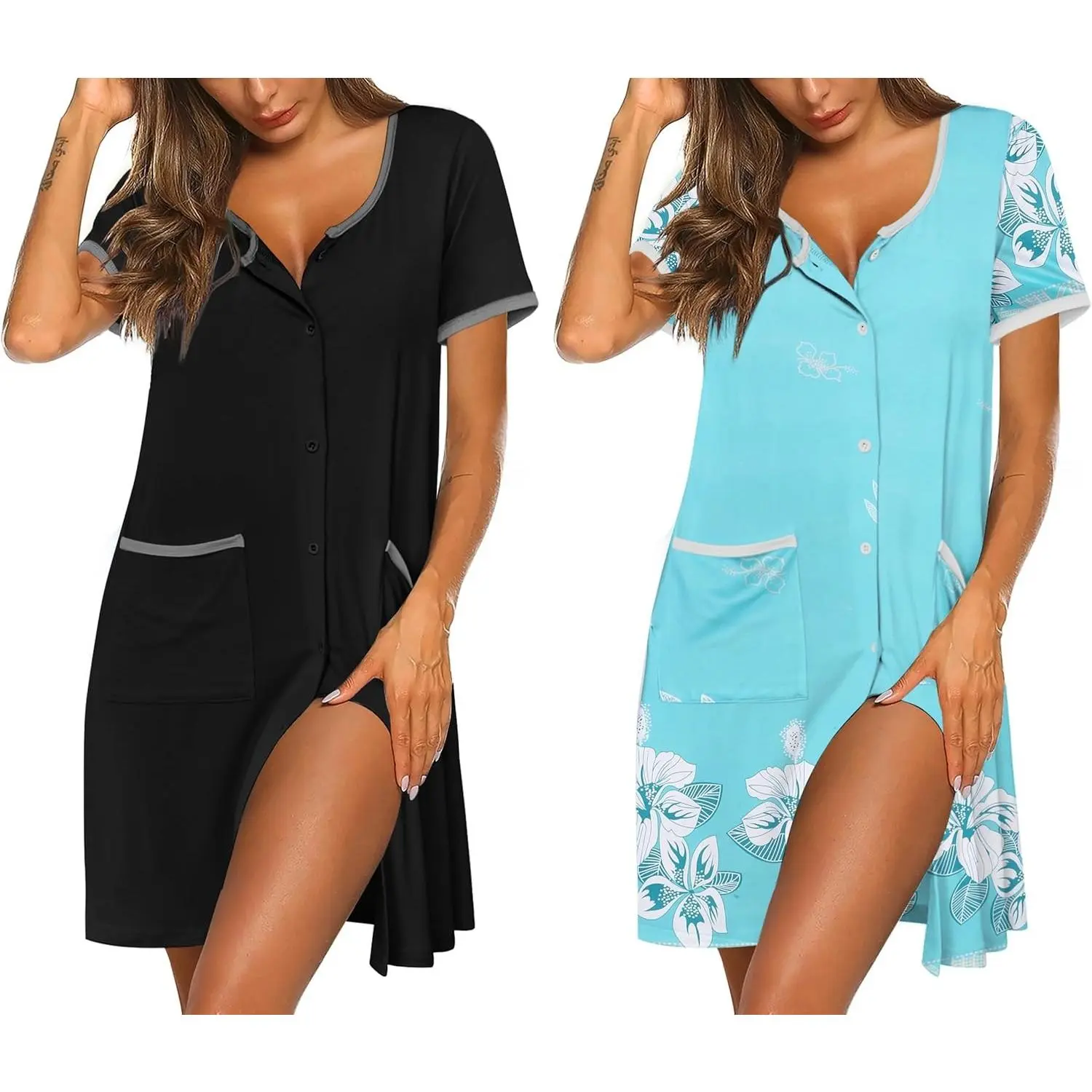 Nightgowns for Women 2 Pack Button Down Sleep Shirts Short Sleeve Nightshirt Sleepwear House Dress with Pockets
