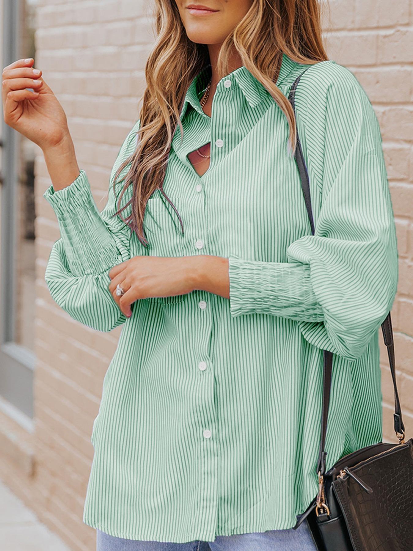 Women's Striped Print Shirred Bishop Sleeve High Low Curved Hem Blouse, Casual Long Sleeve Button Front Pocket Collared Top for Spring & Fall, Women's Clothing for Daily Wear, Summer Tops, Womenswear