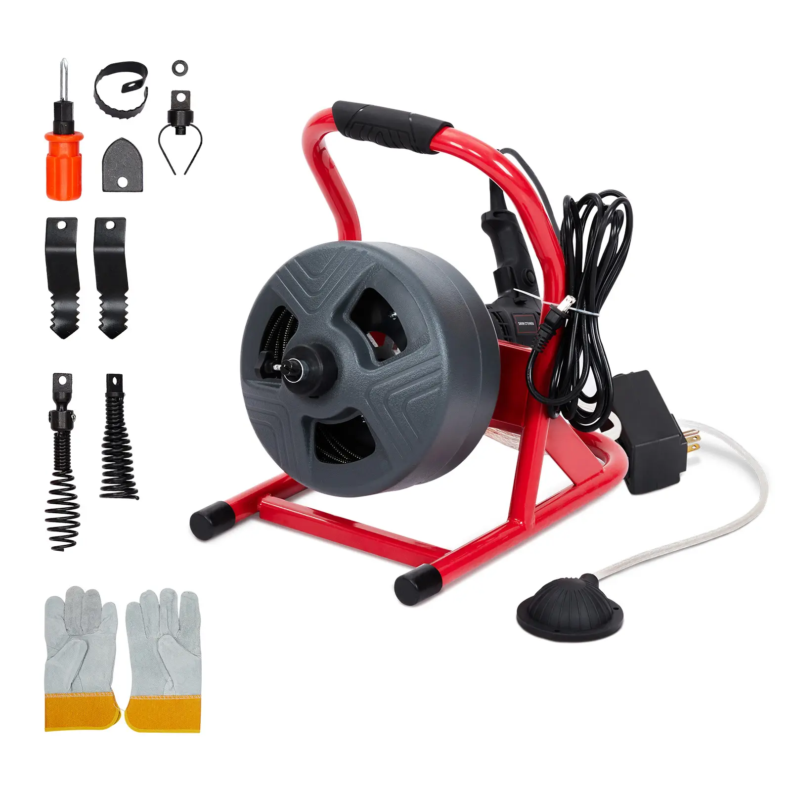Garvee Automatic Electric Drain Auger, 50ft x 5/16in Mn65 Cable with 6 Cutters & Foot Switch, Portable Sewer Cleaner for 3/4in to 3in Pipes