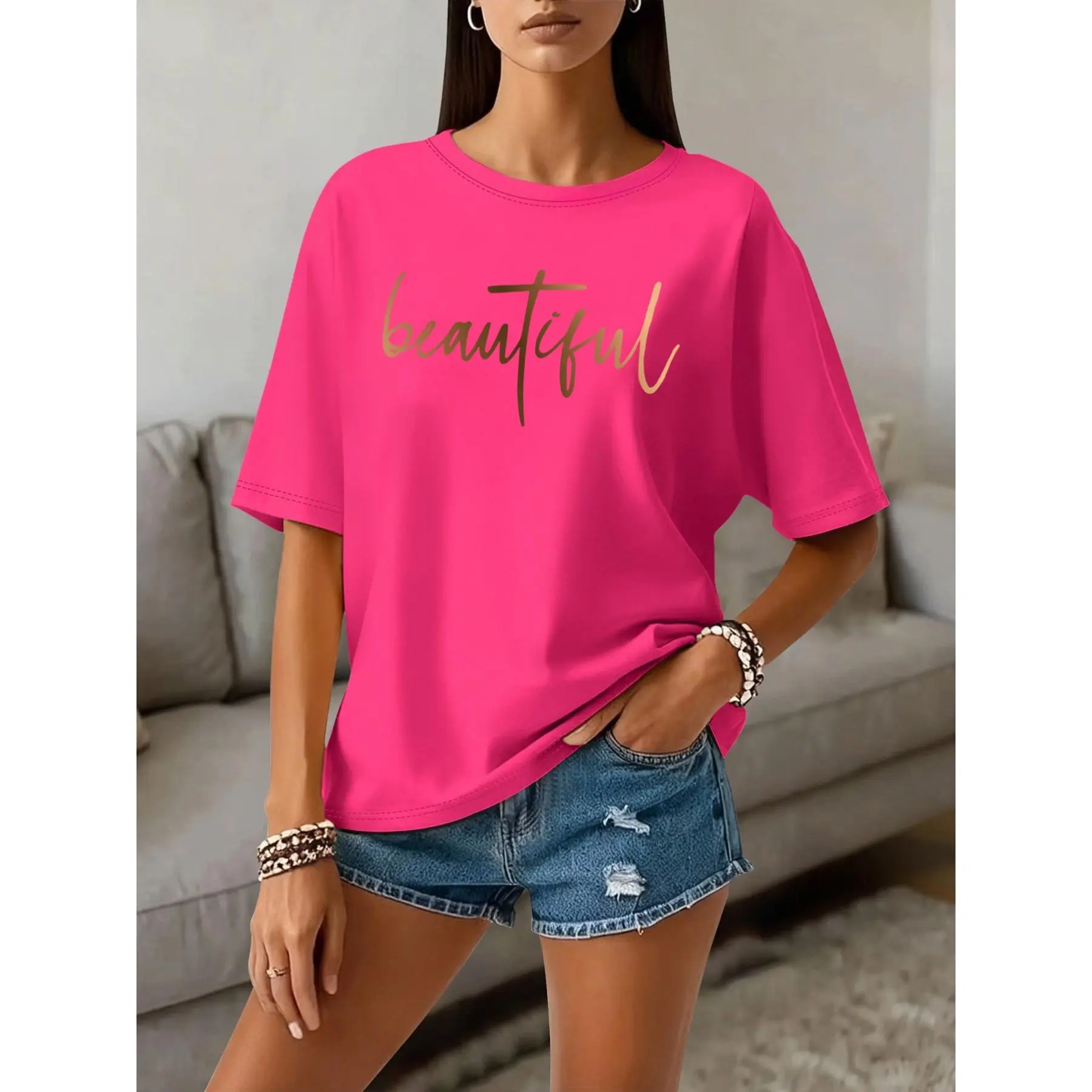 Women's Spring Summer Short Sleeve Polyester Fabric T-Shirt - Minimalist Elegant Basic All Over Print Top, Machine Washable Casual Round Neck Clothes for Layering & Everyday Wear, Sports & Outdoor Wardrobe Essential, Tshirt, Geometric Pattern, Layering Re