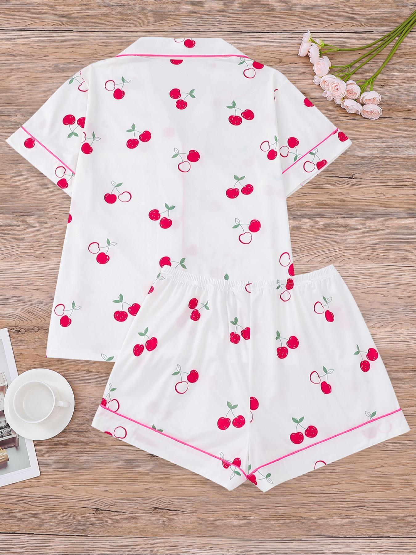 Women's Cherry Print Shirt & Elastic Waist Shorts Pajama Two-piece Set, Casual Comfy Short Sleeve Top & Shorts Pj Set, Ladies Sleepwear for All Seasons, Womenswear, Pyjamas