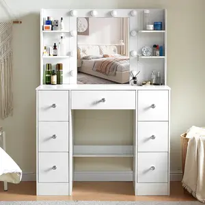 Dressing Table Set 3 Color 10 LED Bulbs Mirror and 7 Drawers Vanity Make up Desk