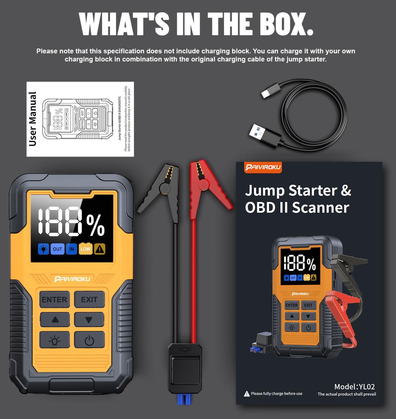 5000A Car Battery Jump Starter with OBD2 Scanner, 12V Portable Jumper Starter, Car Code Reader for Check Engine Light, OBDII Automotive Diagnostic Tool, Fault Code Scanner for Cars, SUVs, Motorcycles, All-in-One Vehicle Emergency Kit, Safe Quick Start & E