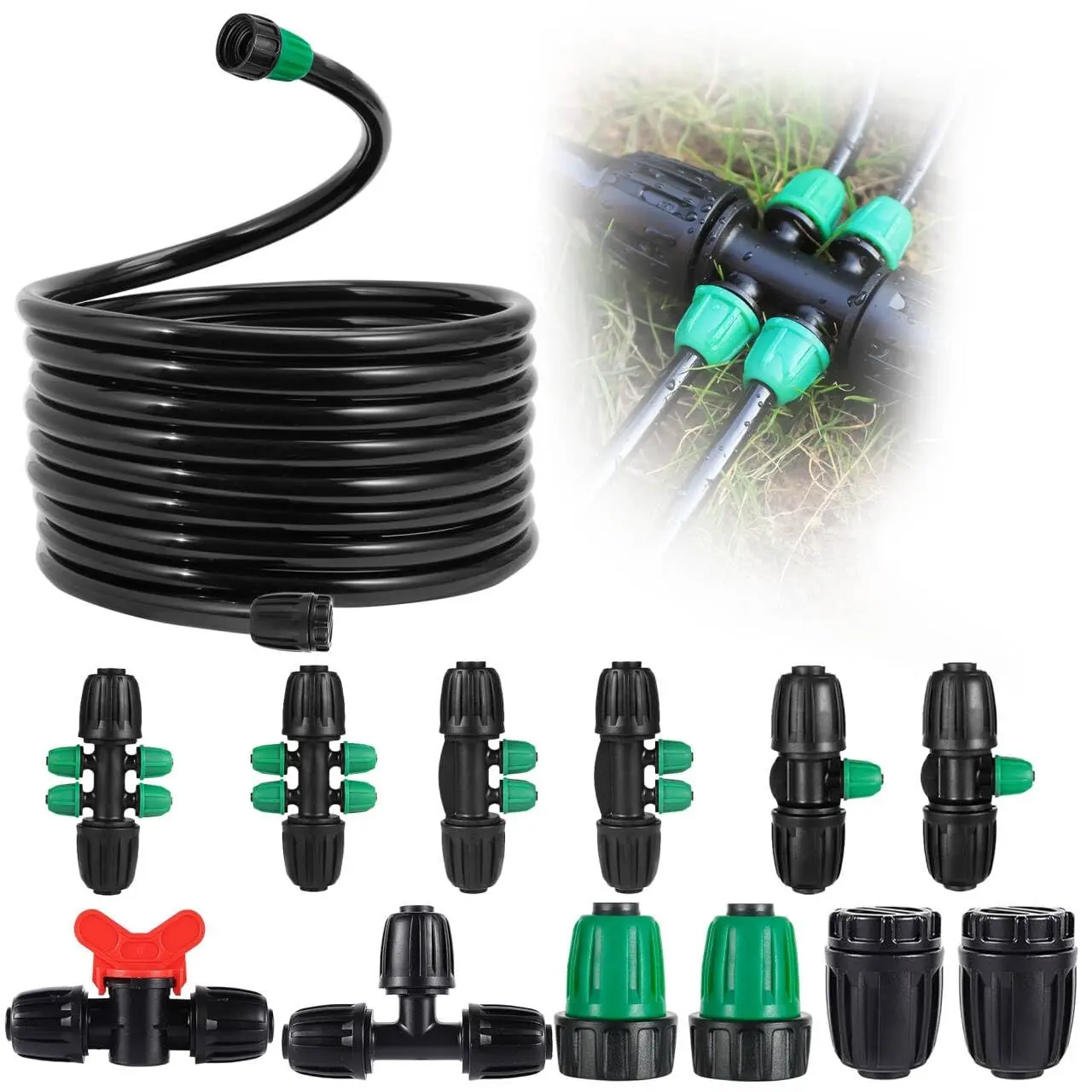Anti Drop 1/2 Irrigation Tubing PVC Drip Irrigation Tubing 33FT(10M)(ID:13mmOD:16mm) for Garden Bed Main Line with Locked Barbed 6-Way 4-Way 3-Way&Tee End Plug 1/2" to 1/4" Irrigation Tubing Fittings
