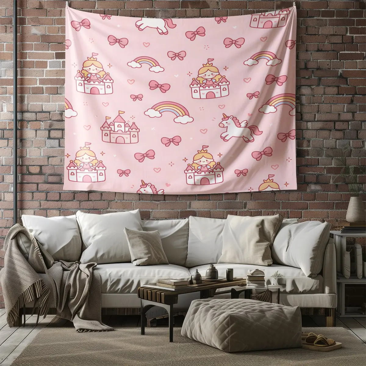 Soft Pastel Cartoon Girl Unicorn Art Tapestry, Multi-tone Fairy Pattern, Lightweight Durable Fabric, Ideal Wall Makeover To Build Fairy Photo Spot For Girls Back To School Dorms