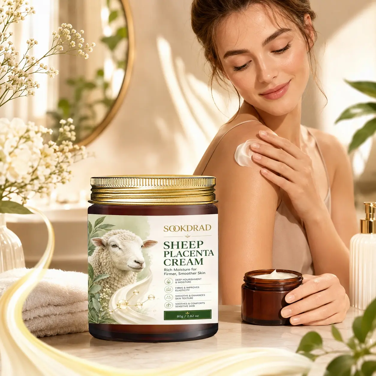 Sheep Placenta Cream, Deep Nourishment, Moisturizing, Firm Skin, Improve Elasticity, Smooth Skin Texture, Soothe Sensitive Skin, 80g
