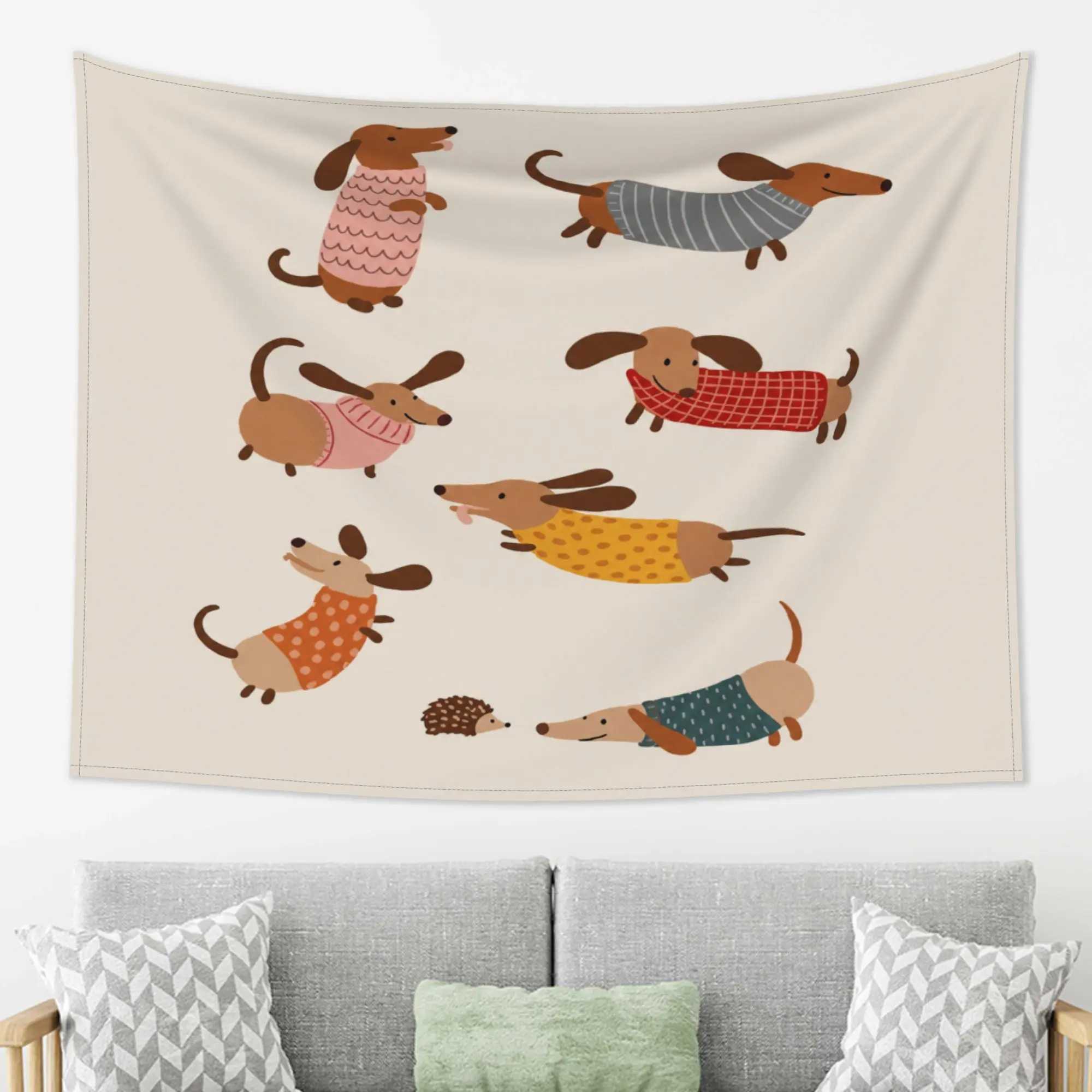 Cute Dachshund Wall Tapestry, Cartoon Wiener Dog in Sweaters Hanging Art, Aesthetic Animal Pattern Wall Decor for Living Room Bedroom Dorm, Soft Fabric Decorative Backdrop,Hippie,UV
