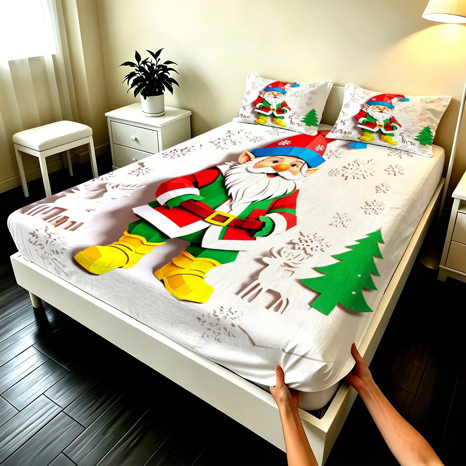 3pcs Fitted sheet Christmas Gnome Pattern Trending Soft Microfiber Bedding Set, Wrinkle Resistant Fade Proof Breathable Comfort Bed Sheet Set for Bedroom Home Hotel, Fit Twin Full Queen King Size Winter Holiday Decor