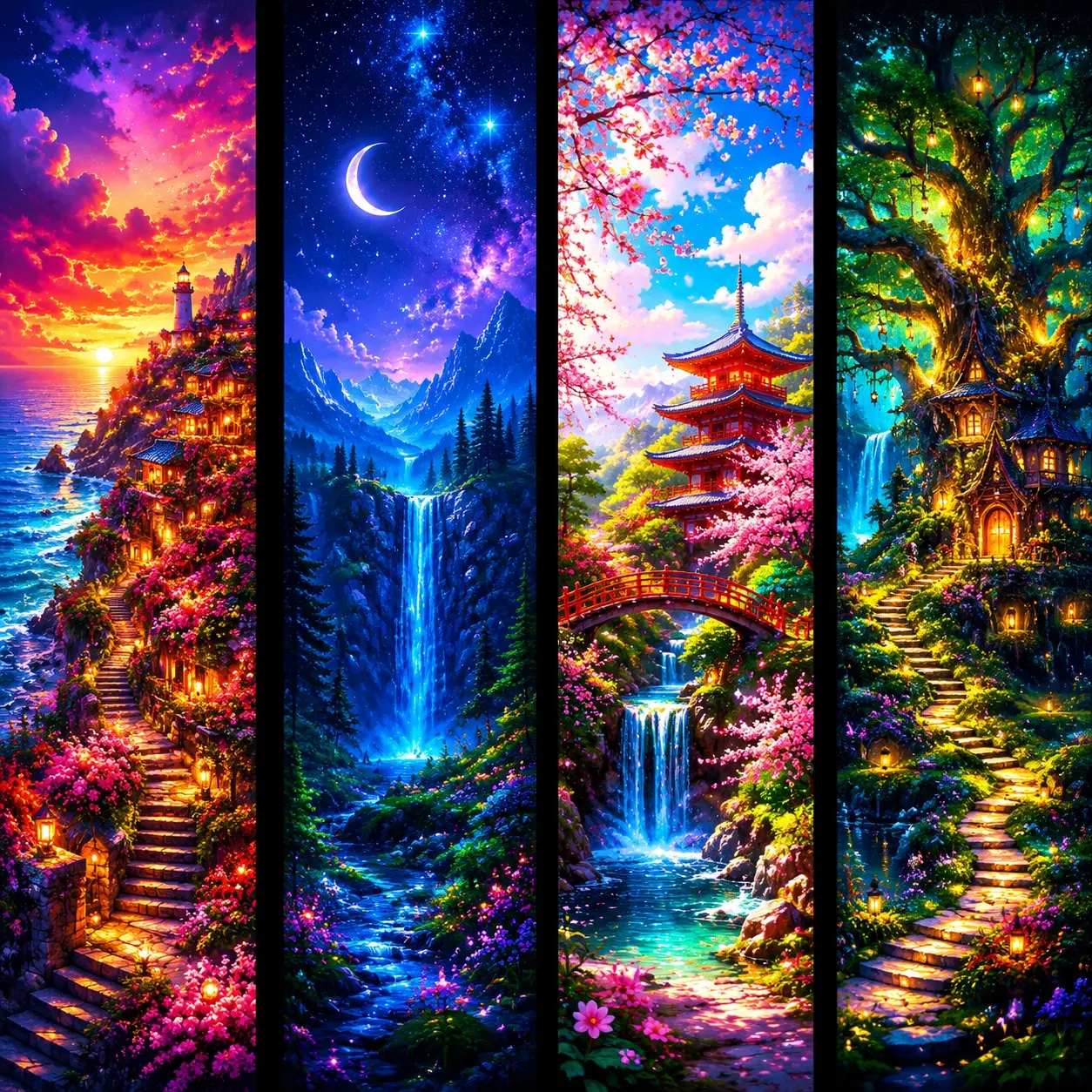 Four Panel Fantasy Scenery Set, Size: 40 x 40 cm (15.7 x 15.7 inches). Full-drill square diamond painting kit (5D DIY Diamond Art, unframed, includes tool kit). Suitable for home decor and as a personalized gift for holidays or birthdays.