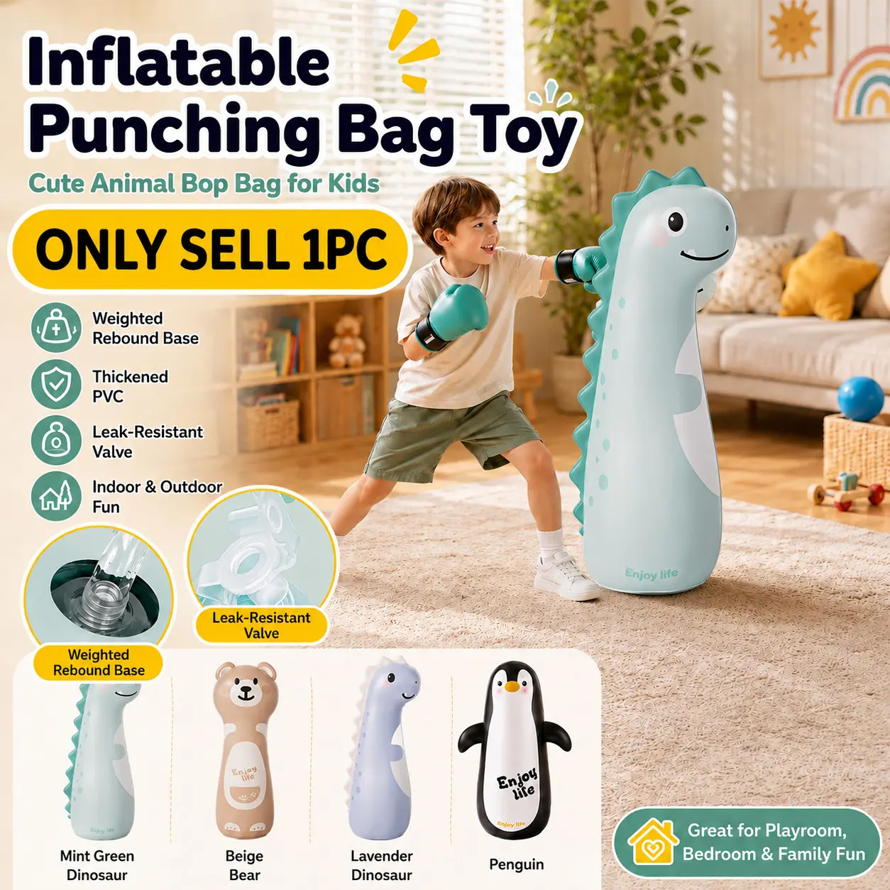 Kids Inflatable Punching Bag, Inflatable Boxing Bags, 47in Cartoon Dino Punching Bag Freestanding Boxing Bag with PVC, Rebound Design, Easy Fill Base, Indoor Outdoor Exercise Training Equipment for Boys Girls, Parent-Child Fitness for Home & Backyard